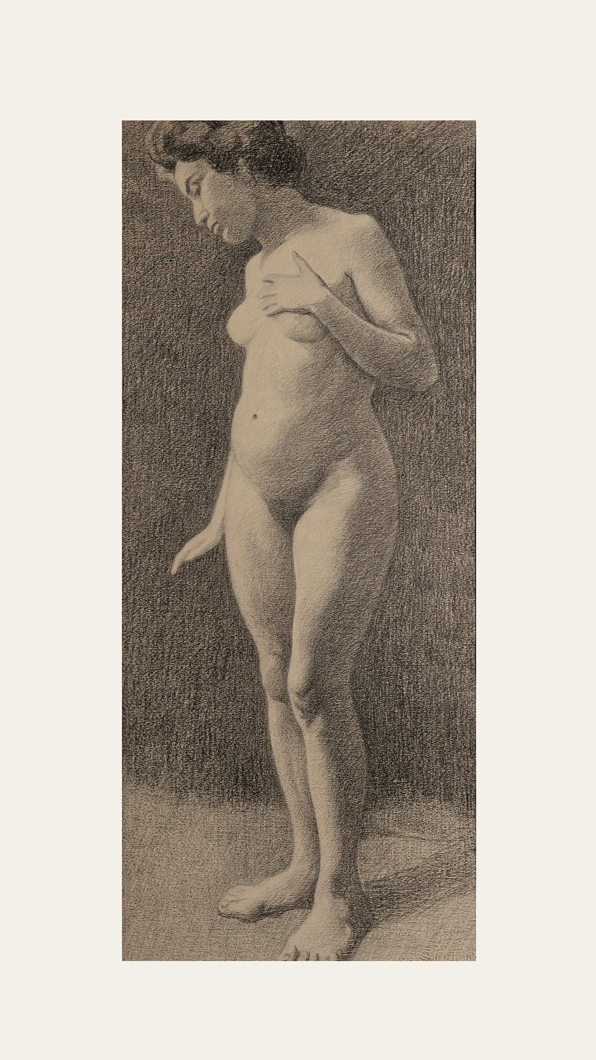 Early 1900's Antique French Classical Female Nude Charcoal Figure Drawing on Paper, c. 1913