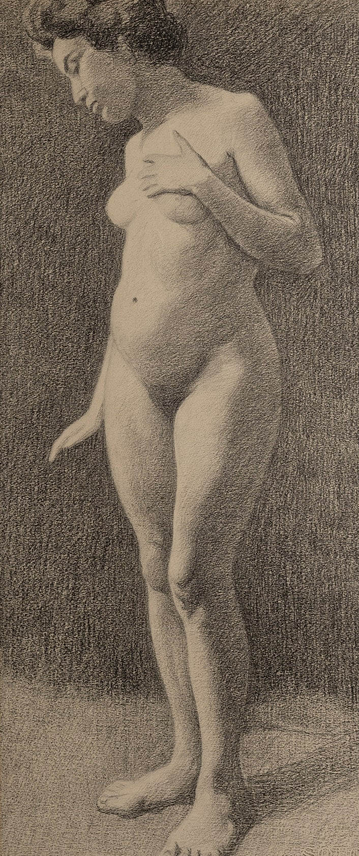 Early 1900's Antique French Classical Female Nude Charcoal Figure Drawing on Paper, c. 1913