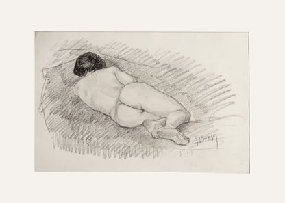 Early 1900's Signed Vintage French Female Nude Figure Drawing in Charcoal With Custom Mat