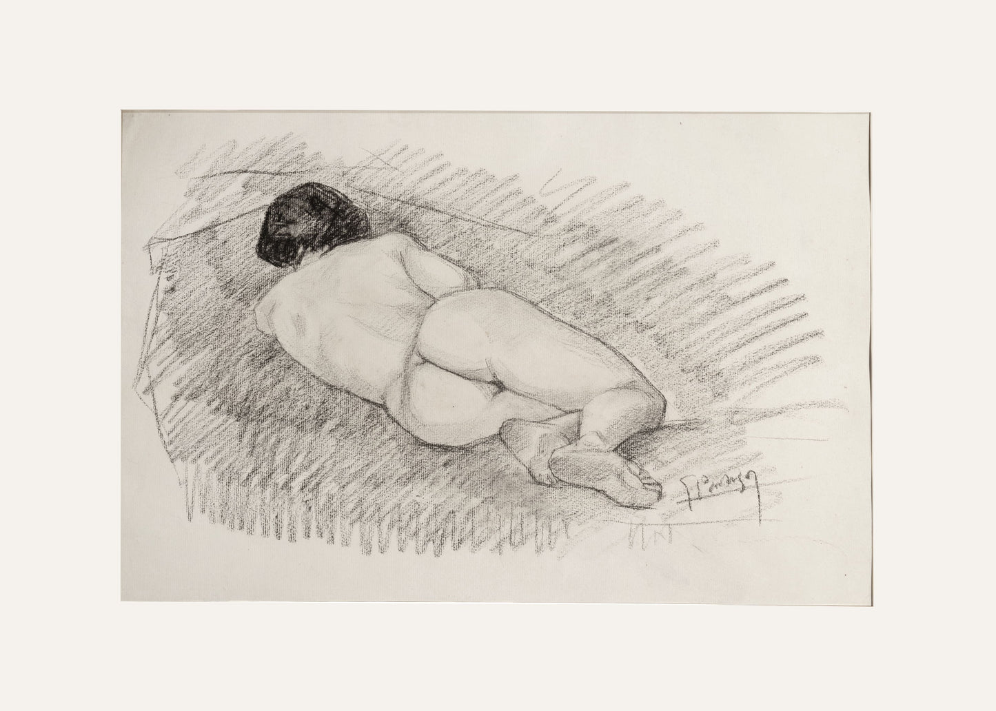 Early 1900's European Antique Classical Female Reclining Nude Figure Drawing in Charcoal on Paper, Signed by Artist