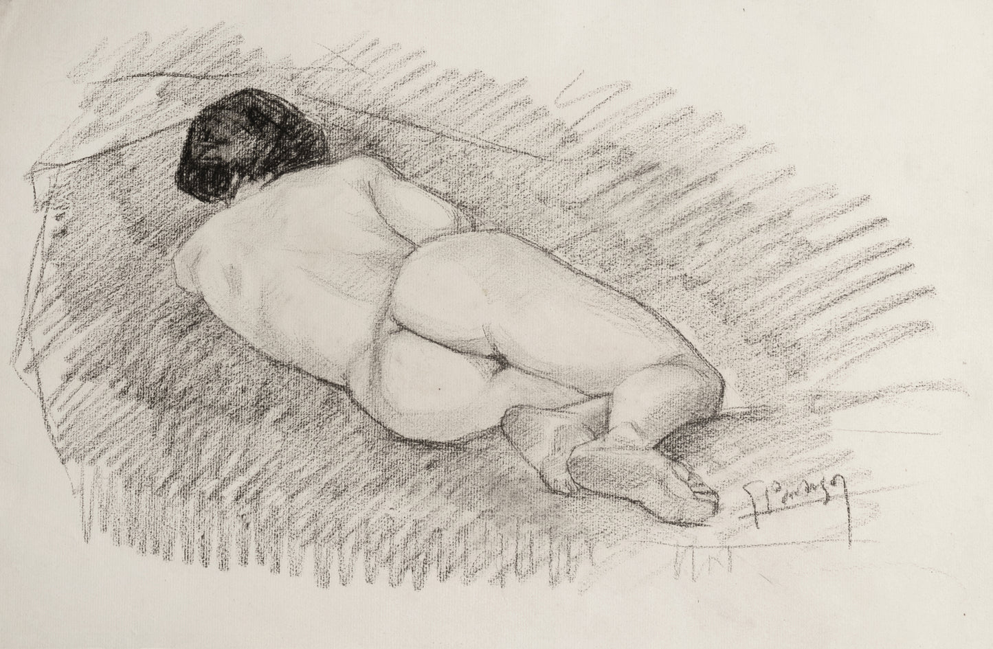 Early 1900's Signed Vintage French Female Nude Figure Drawing in Charcoal With Custom Mat