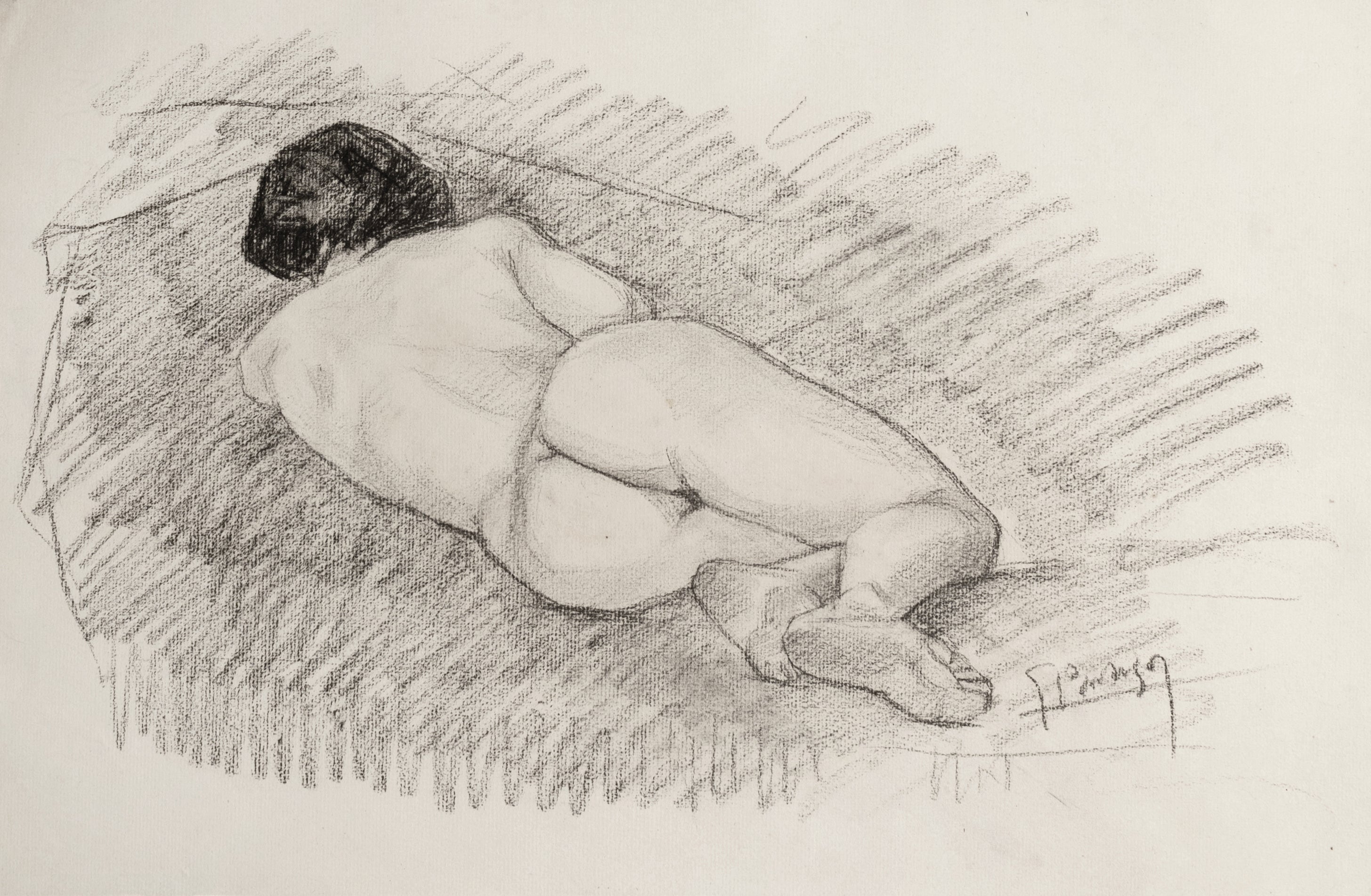 Early 1900's European Antique Classical Female Reclining Nude Figure Drawing in Charcoal on Paper, Signed by Artist