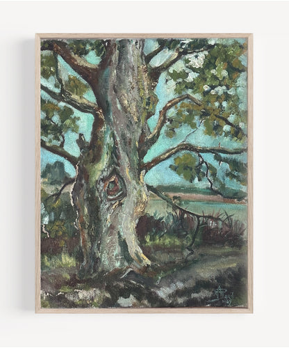 Vintage Mid 1900s Expressionistic Oil Painting of Tree in Fauvist Style. Signed by artist in 1947