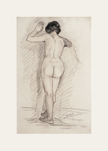 Early 1900's Signed Nude Figure Drawing in Charcoal and Conte With Custom Mat