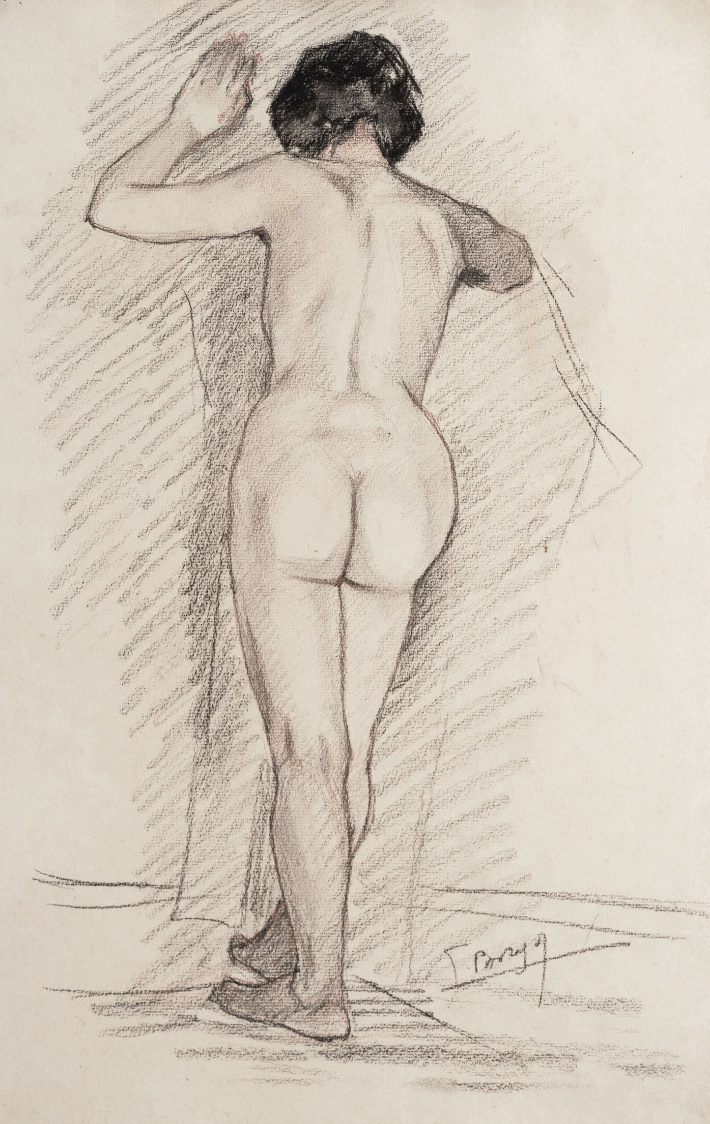 Early 1900's Signed Nude Figure Drawing in Charcoal and Conte With Custom Mat