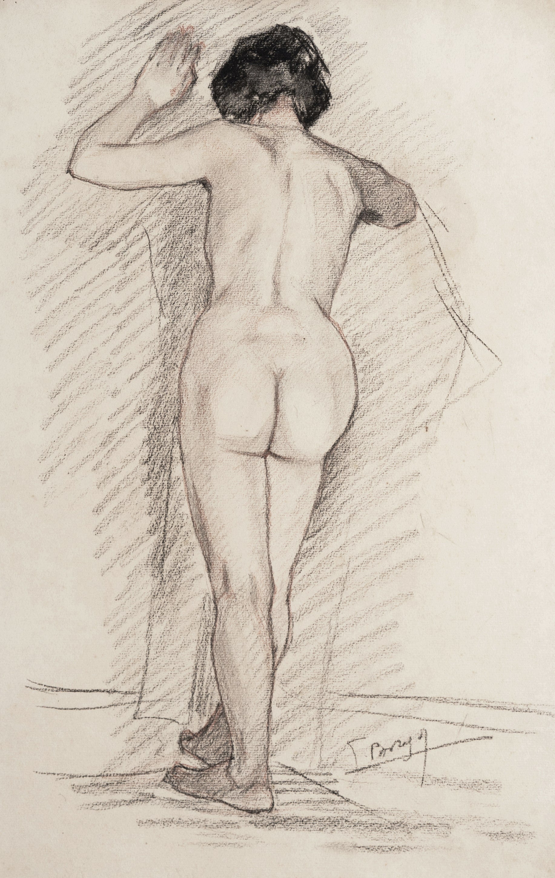 Early 1900's Antique French Classicism Style Nude Figure Drawing of Woman  in Charcoal and Conte, Signed by Artist