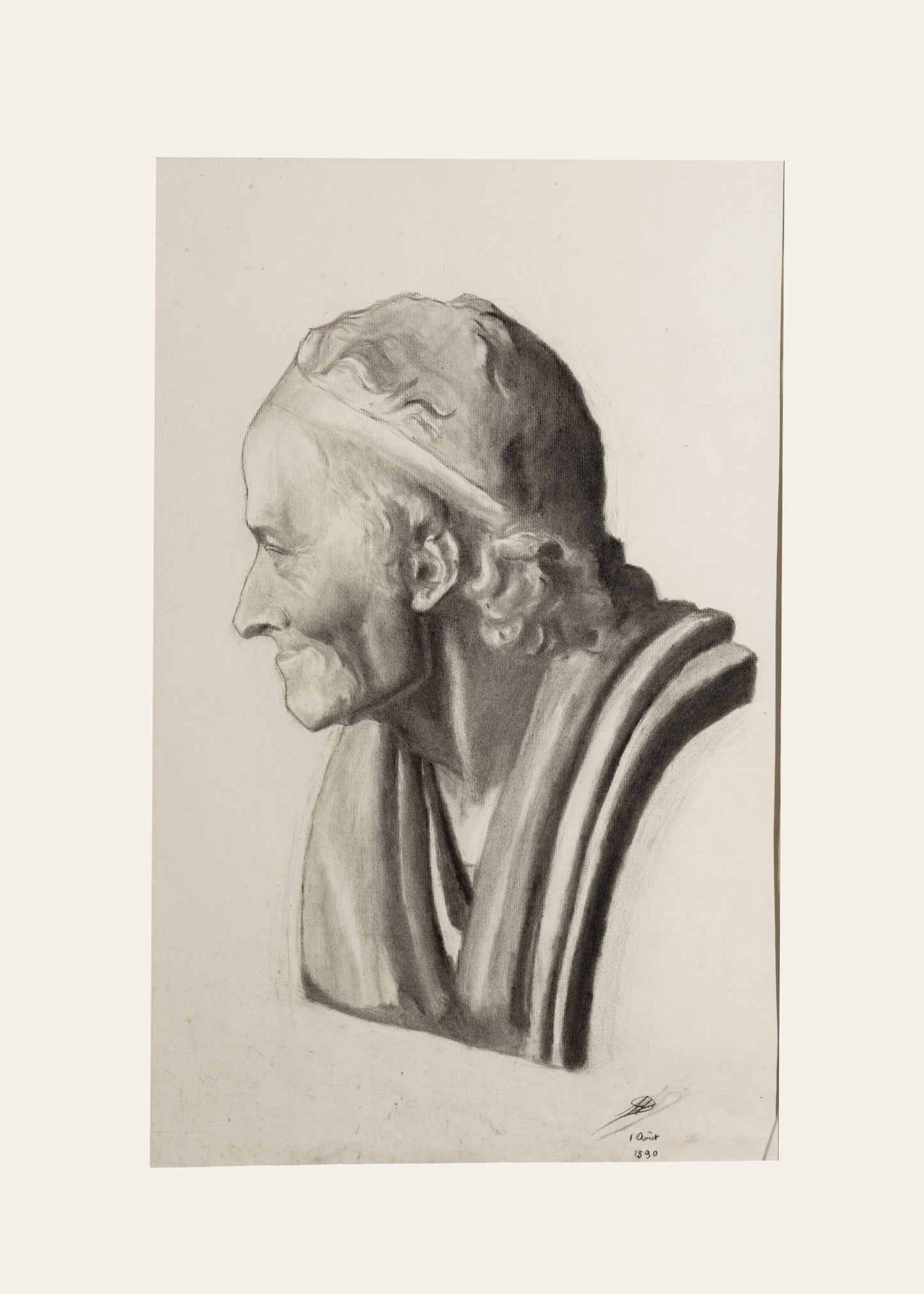 Late 1800's Antique Academic Charcoal Drawing of Bust With Custom Mat
