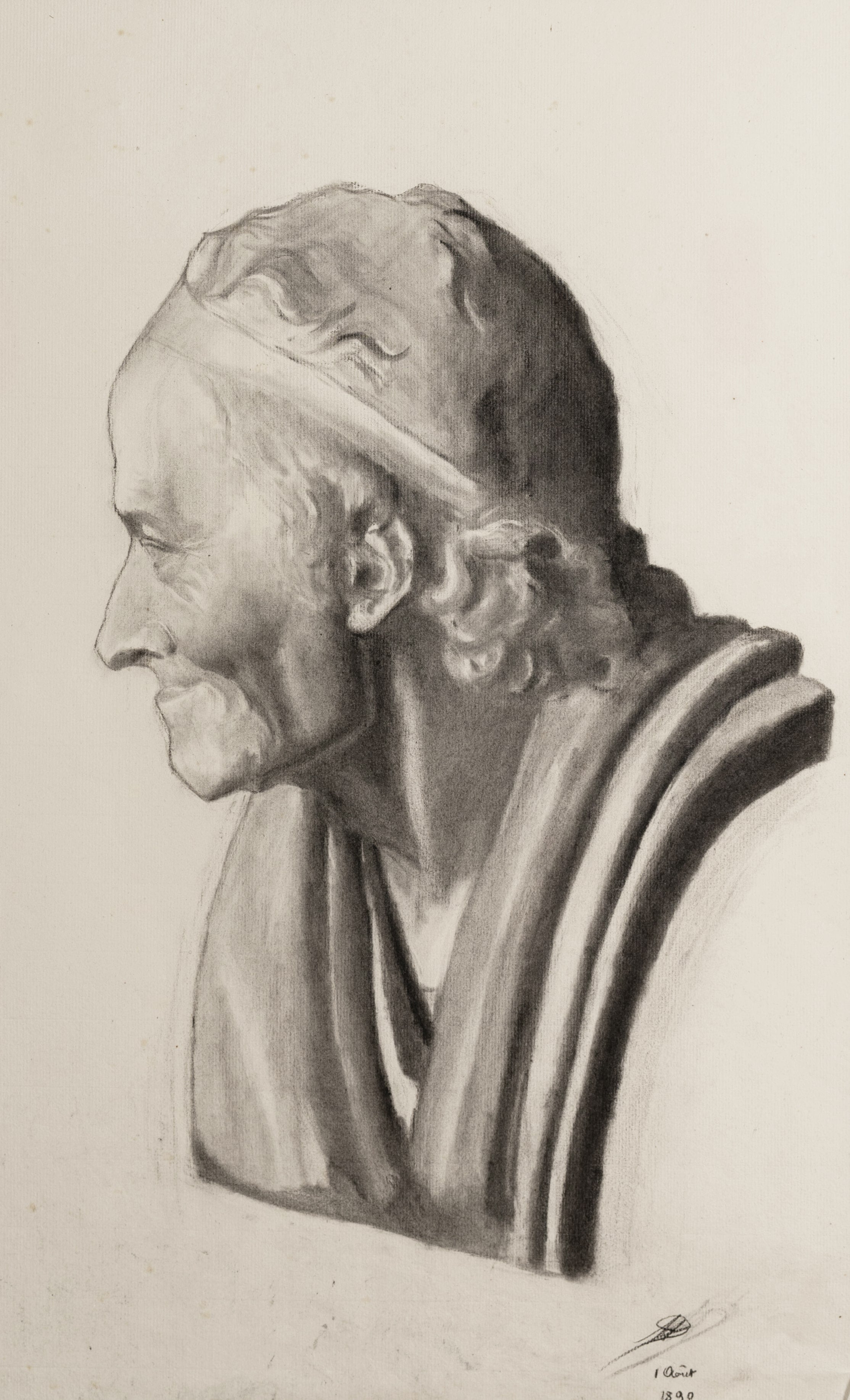 Late 1800's Antique French Academic Portrait Drawing of Greek Male Statue, Charcoal on Paper, Signed and Dated 1890