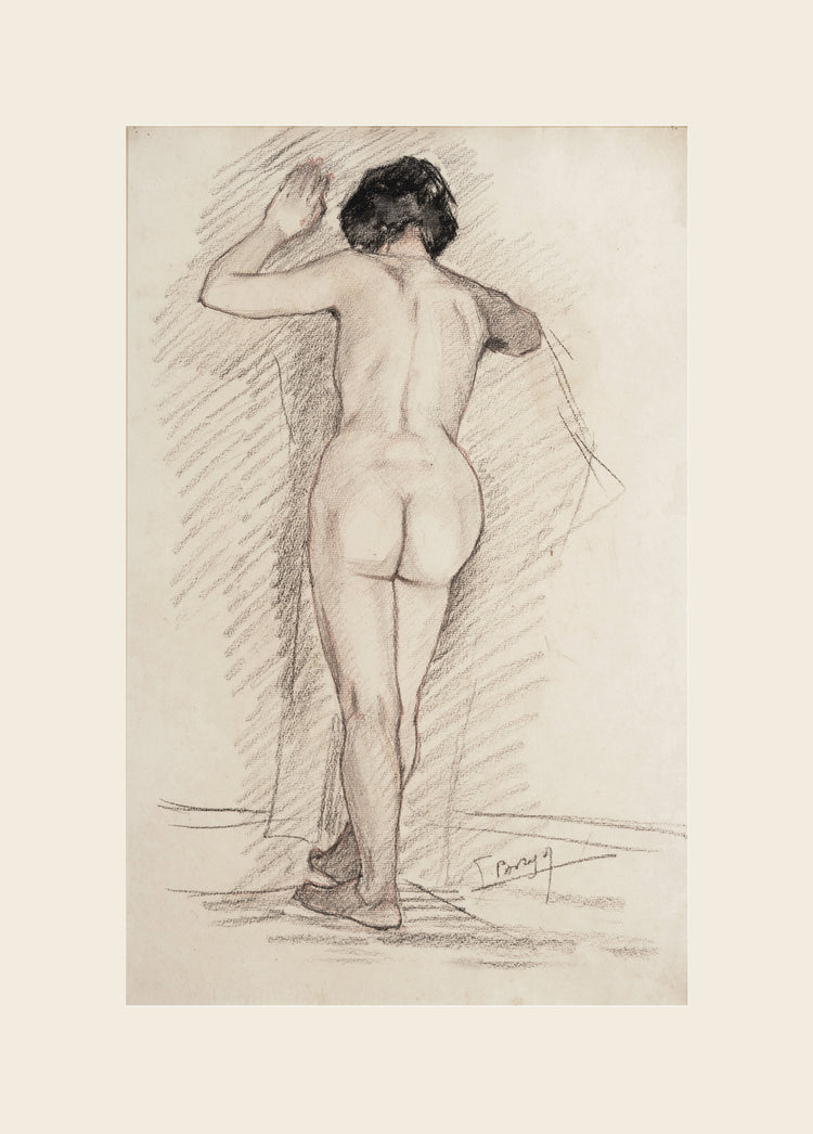 Conte crayon on paper portrait of a standing woman against a wall from behind