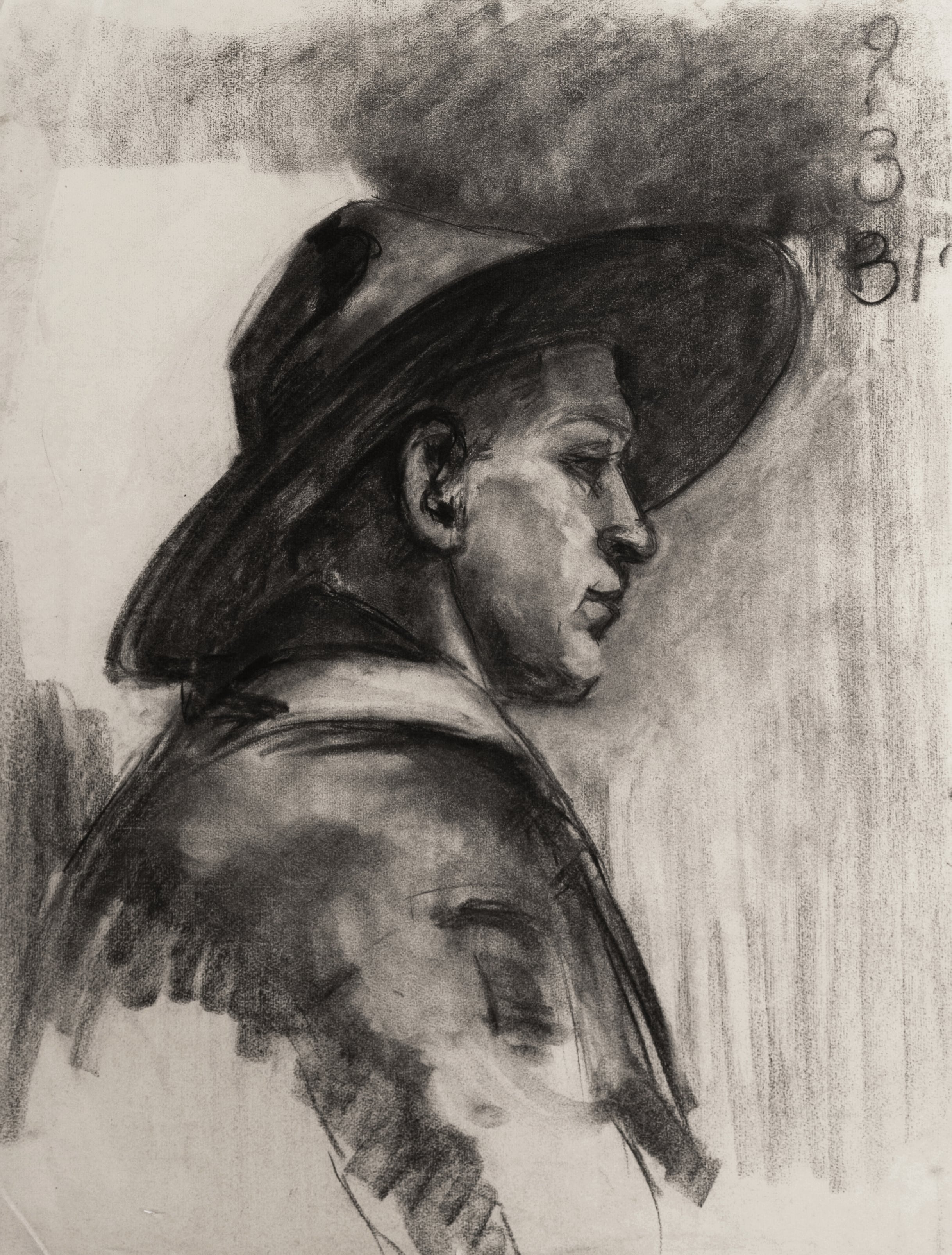 Early 1900's Antique French Moody Portrait of Man in Hat, Charcoal on Paper