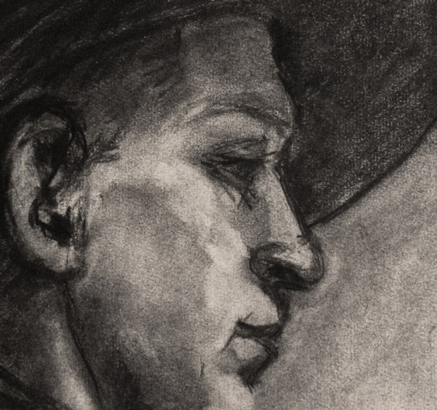 Early 1900's Antique French Moody Portrait of Man in Hat, Charcoal on Paper