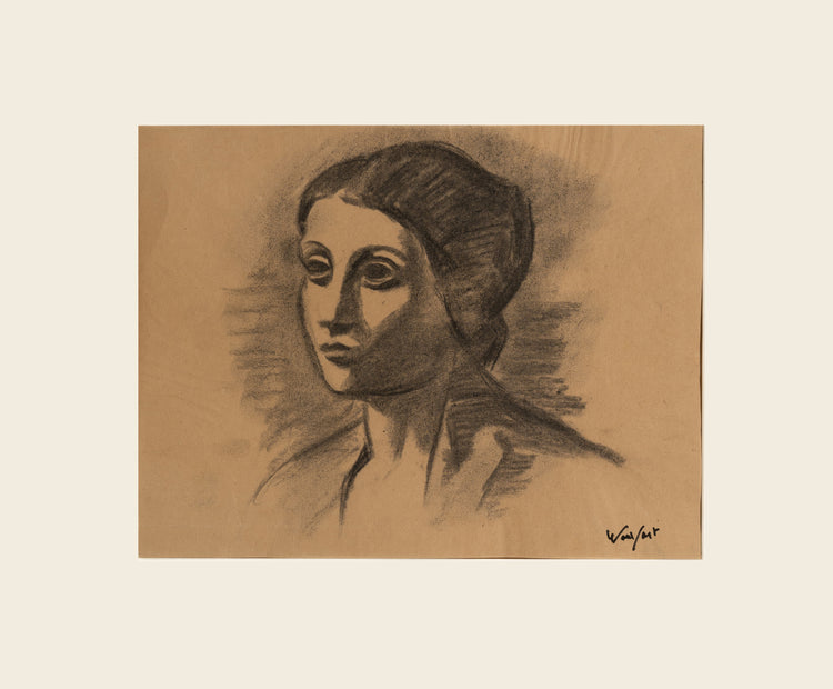 Portrait of a woman done with charcoal on paper with dark eyes