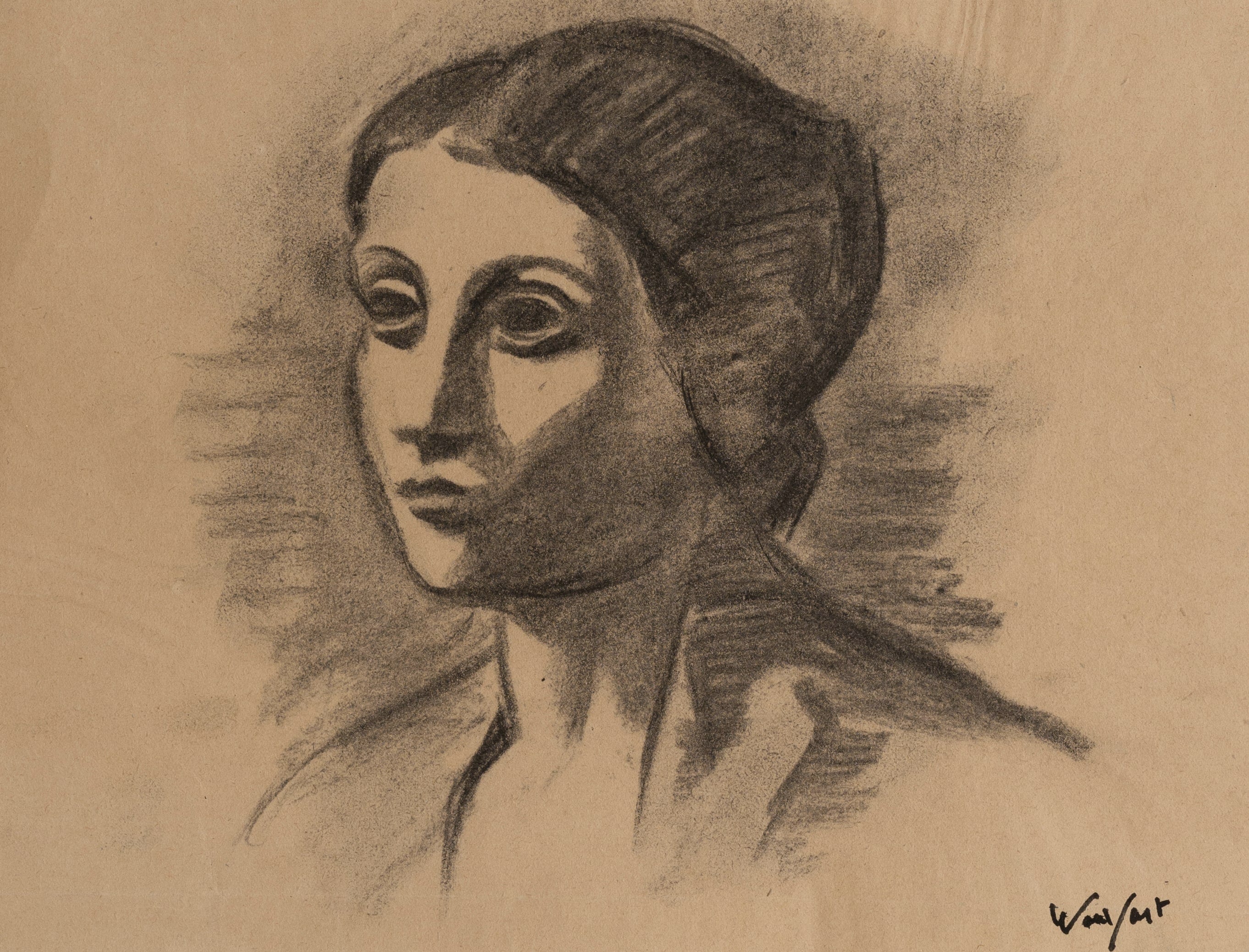 Mid-Century Modern Vintage European Portrait of Woman in Manner of Picasso, Charcoal on Paper. Signed by French artist Marius Woulfart