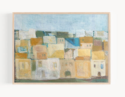 Vintage Mid-Century Modern Abstract City Landscape of Morocco, Oil Painting on Panel. Signed by Danish artist Frank Ibsen, 1966