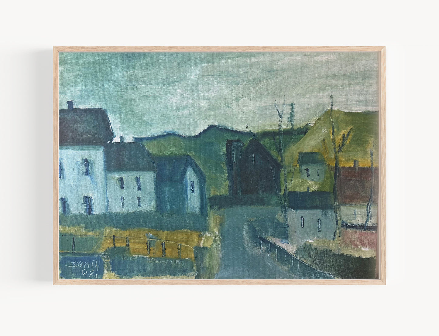 Vintage Mid 1900's Swedish Village Scene Landscape Oil Painting in Hues of Green and Blue, Signed