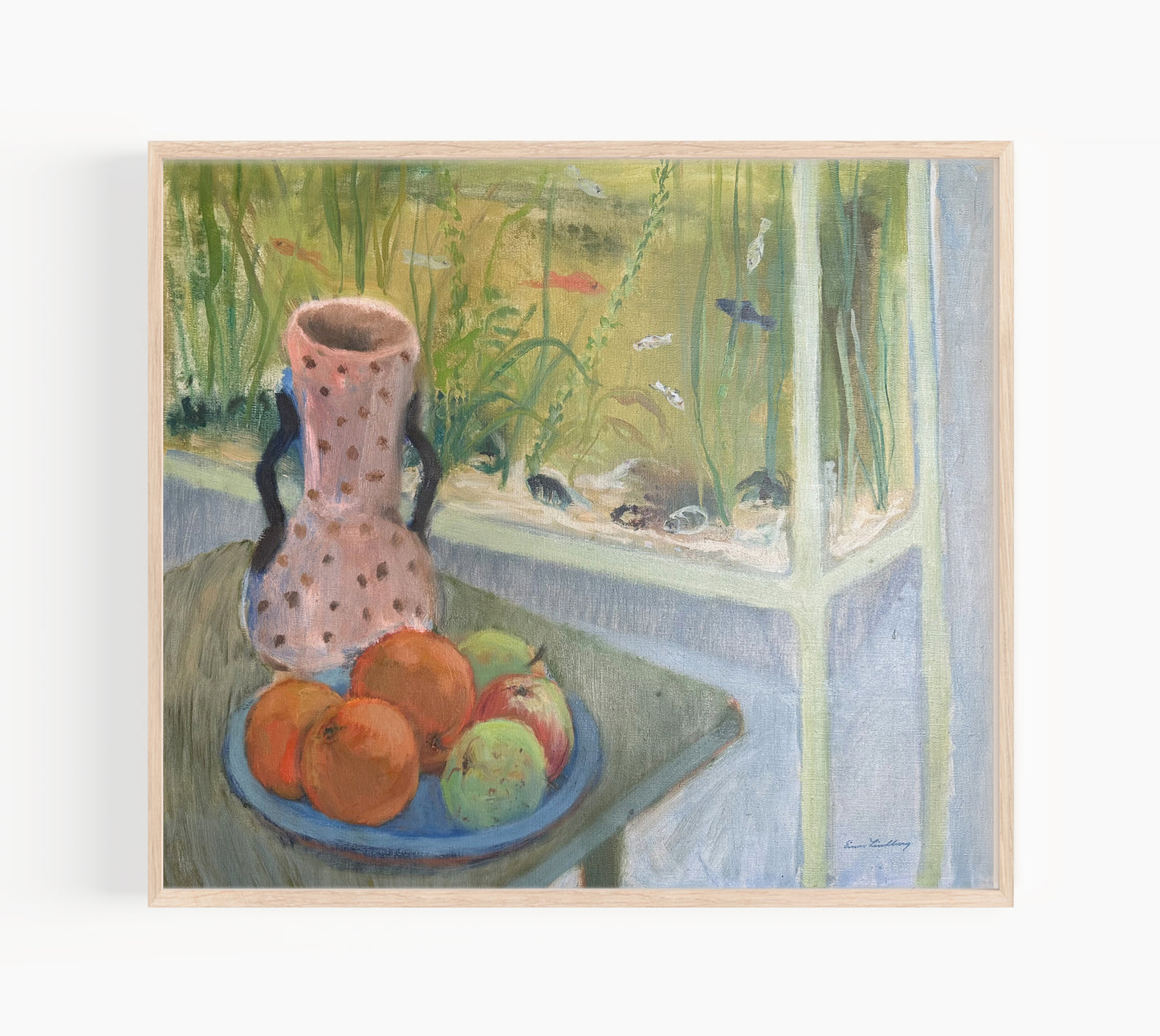 Vintage Mid 20th Century Post Impressionistic Still Life of Polka Dot Vase and Oranges, Signed by Swedish Artist Einar Lindberg