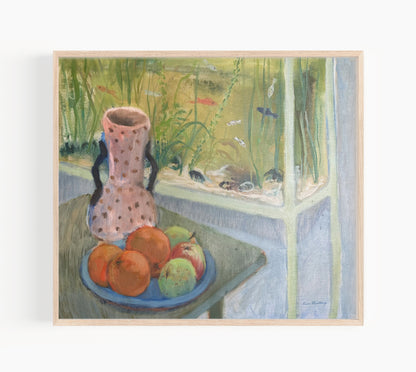 Vintage Mid 20th Century Post Impressionistic Still Life of Polka Dot Vase and Oranges, Signed by Swedish Artist Einar Lindberg