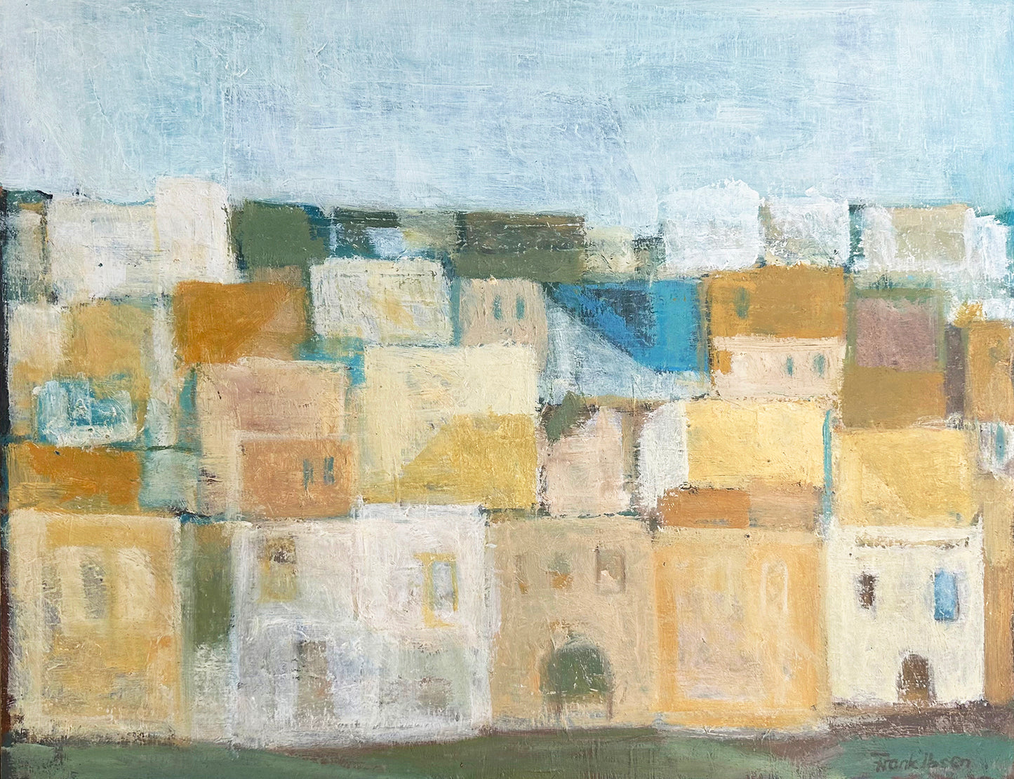 Vintage Mid-Century Modern Abstract City Landscape of Morocco, Oil Painting on Panel. Signed by Danish artist Frank Ibsen, 1966