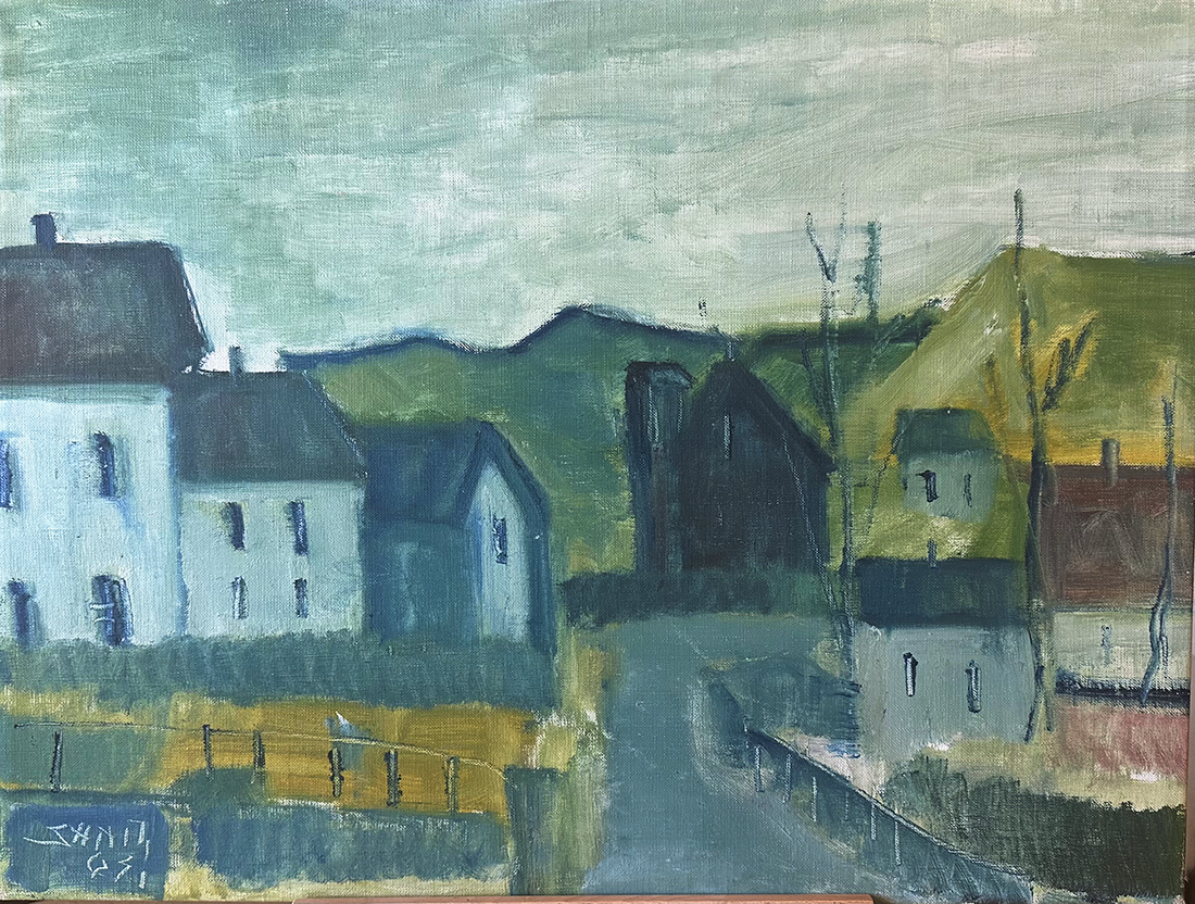 Vintage Mid 1900's Swedish Village Scene Landscape Oil Painting in Hues of Green and Blue, Signed