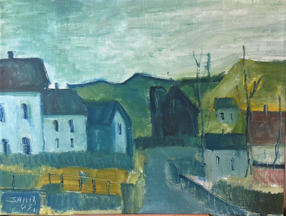 Vintage Mid 1900's Swedish Village Scene Landscape Oil Painting in Hues of Green and Blue, Signed