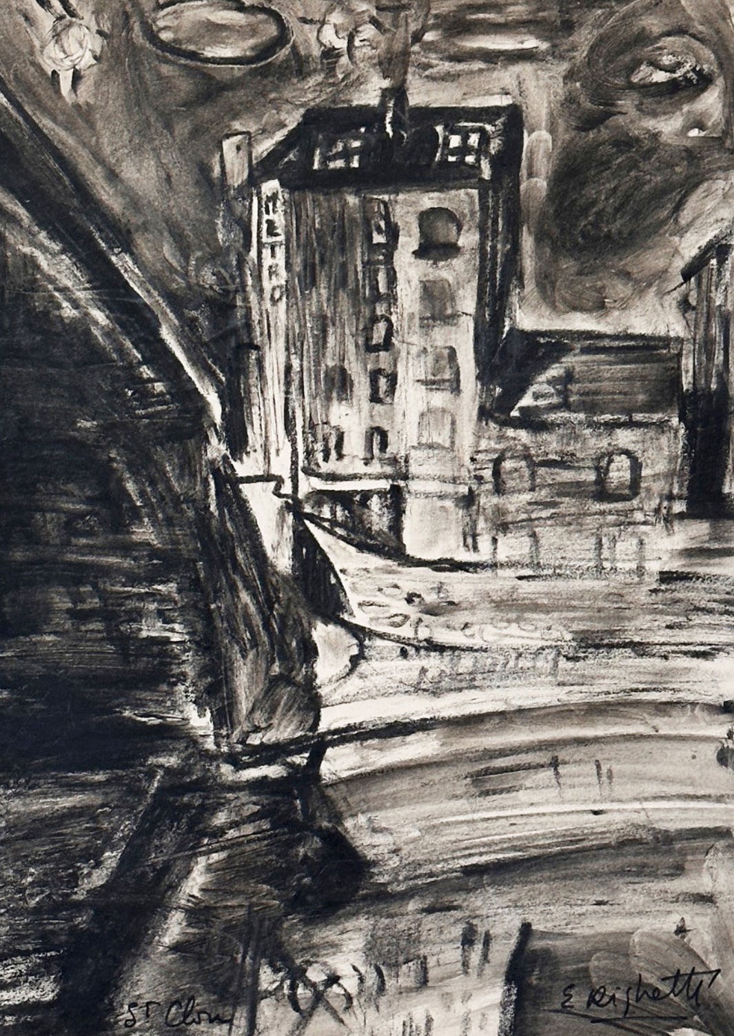 Mid-Century Vintage Frencn Expressionism Mixed Media City Scene on Paper, Signed by French Artist Edouard Righetti