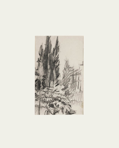 1959 Untitled Vintage French Graphite Landscape Sketch Drawing With Custom Mat