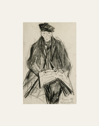 Mid-Century Vintage French Portrait of Gentleman Reading Newspaper, Charcoal on Paper. Signed by French Artist  Edouard Righetti, 1948