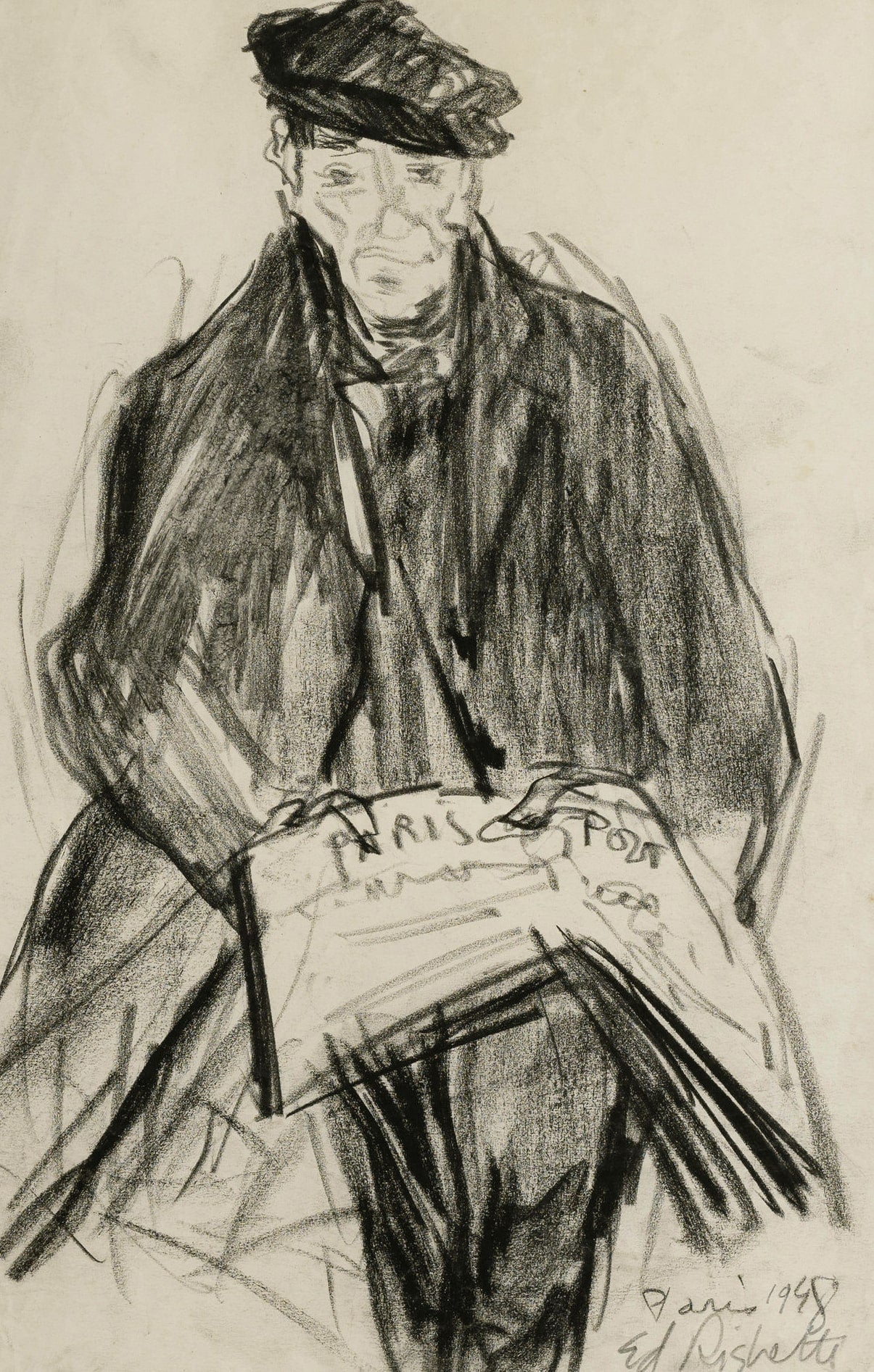 Mid-Century Vintage French Portrait of Gentleman Reading Newspaper, Charcoal on Paper. Signed by French Artist  Edouard Righetti, 1948