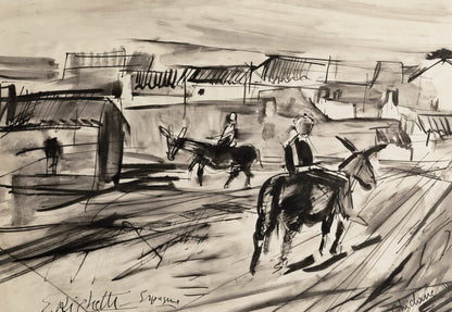 Mid-Century Modern Vintage French Expressionism Spanish Village Painting, Ink on Paper. Signed by Edouard Righetti