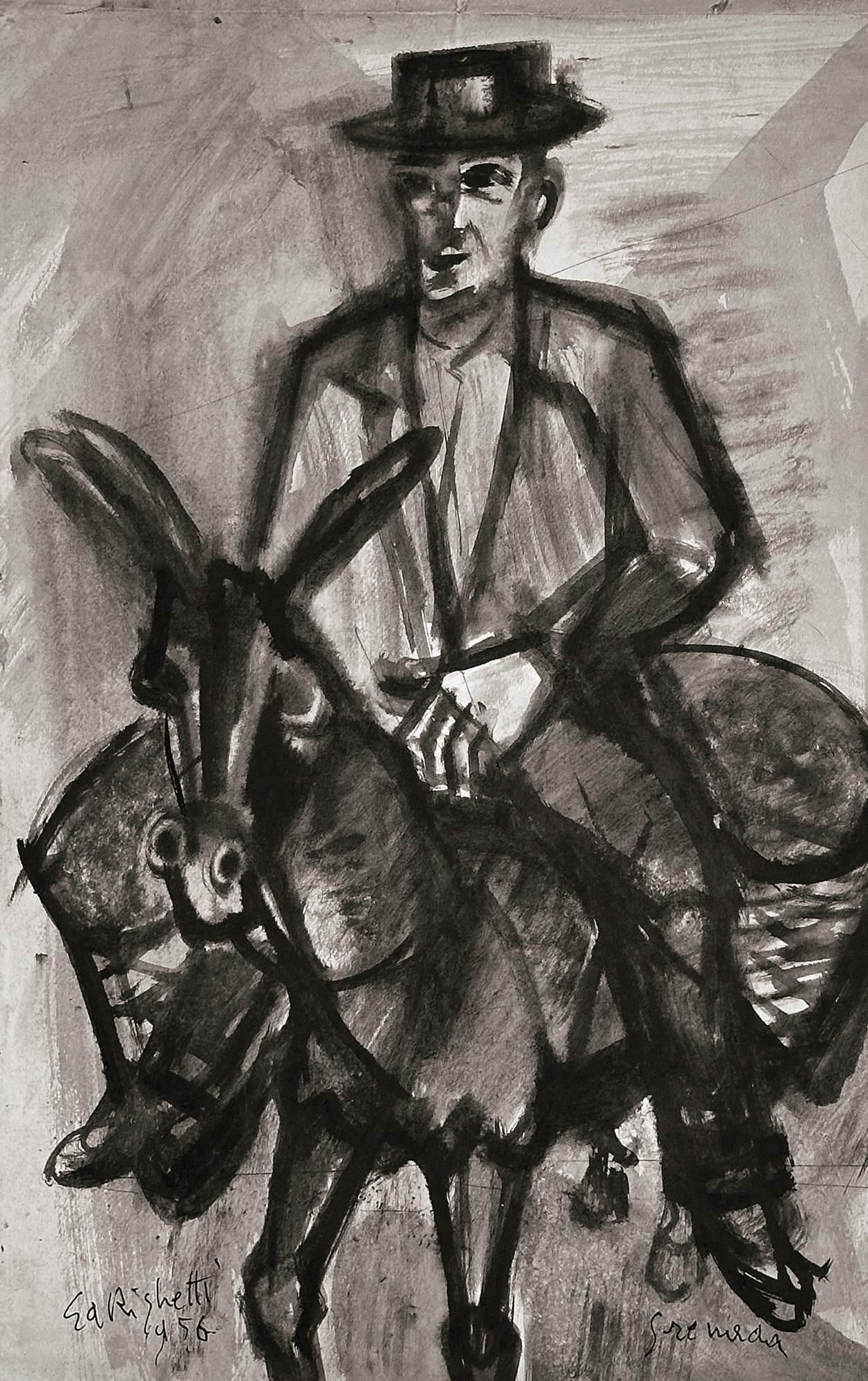 Vintage 1956 Mid-Century Modern Painting of Peasant and Donkey in Grenada on Paper, Signed Grenada by European Artist Ed Rhigetti