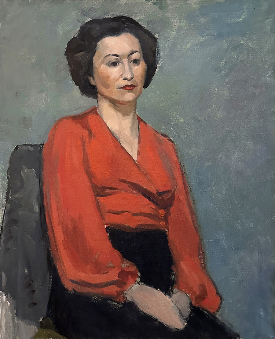 Mid 20th Century Vintage French Portrait Oil Painting of Lady in Red Blouse