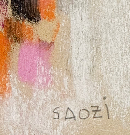 Small Mid-Century Modern Vintage Pastel Drawing on Paper, Signed by French Artist SAOZI