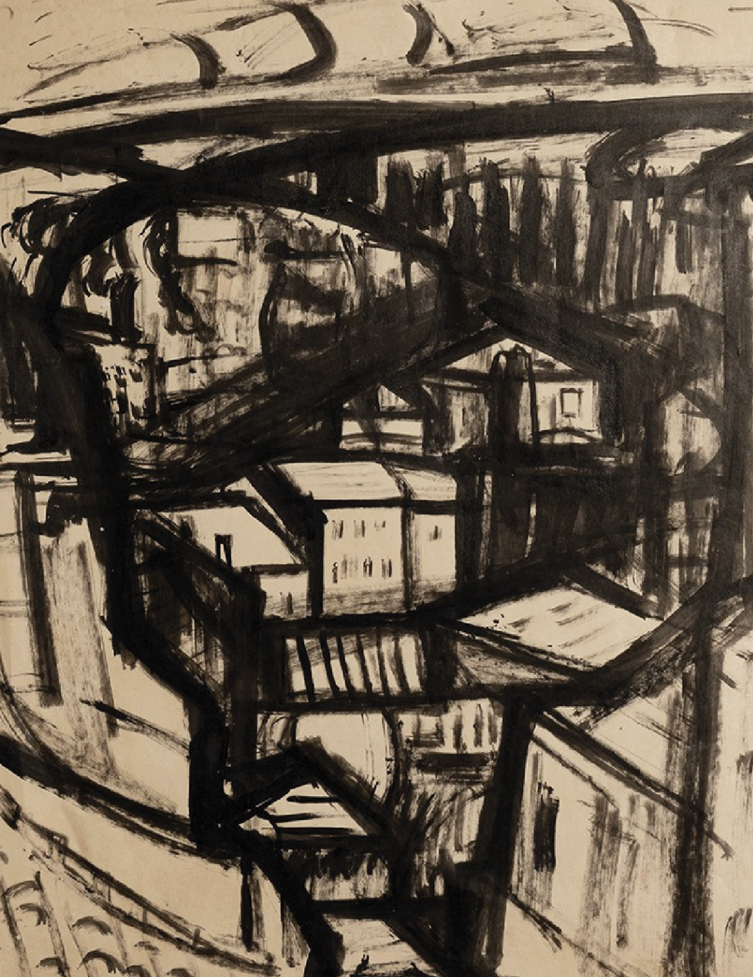 Ilya Collection of Curated Vintage European Mid 20th Century Abstract and Expressionist Art, Charcoal and Ink on Paper