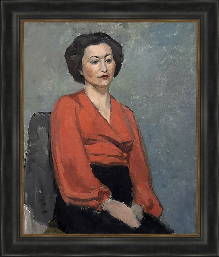 Mid 20th Century Vintage French Portrait Oil Painting of Lady in Red Blouse