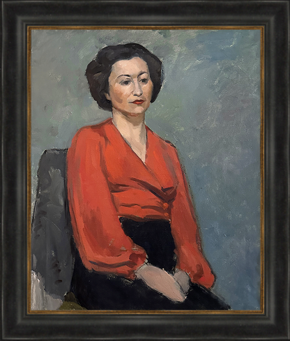 Mid 20th Century Vintage French Portrait Oil Painting of Lady in Red Blouse