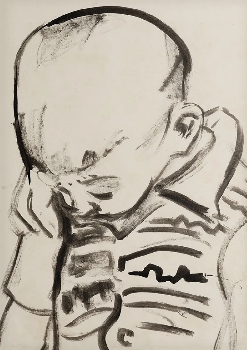 Mid 20th Century Vintage European Portrait of Young Boy, India Ink on Paper