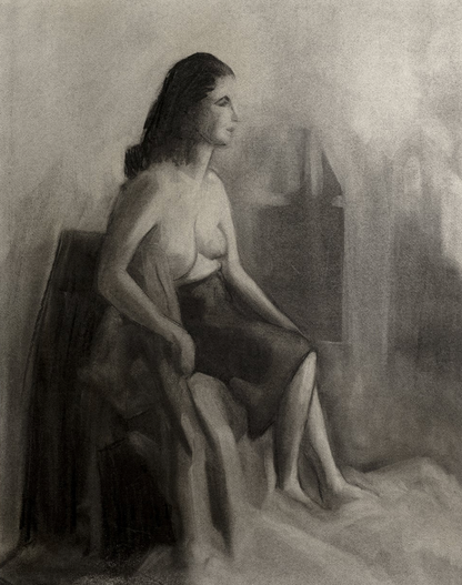 Early 1900's Vintage French Charcoal Figure Drawing of Woman Seated, Charcoal on Paper