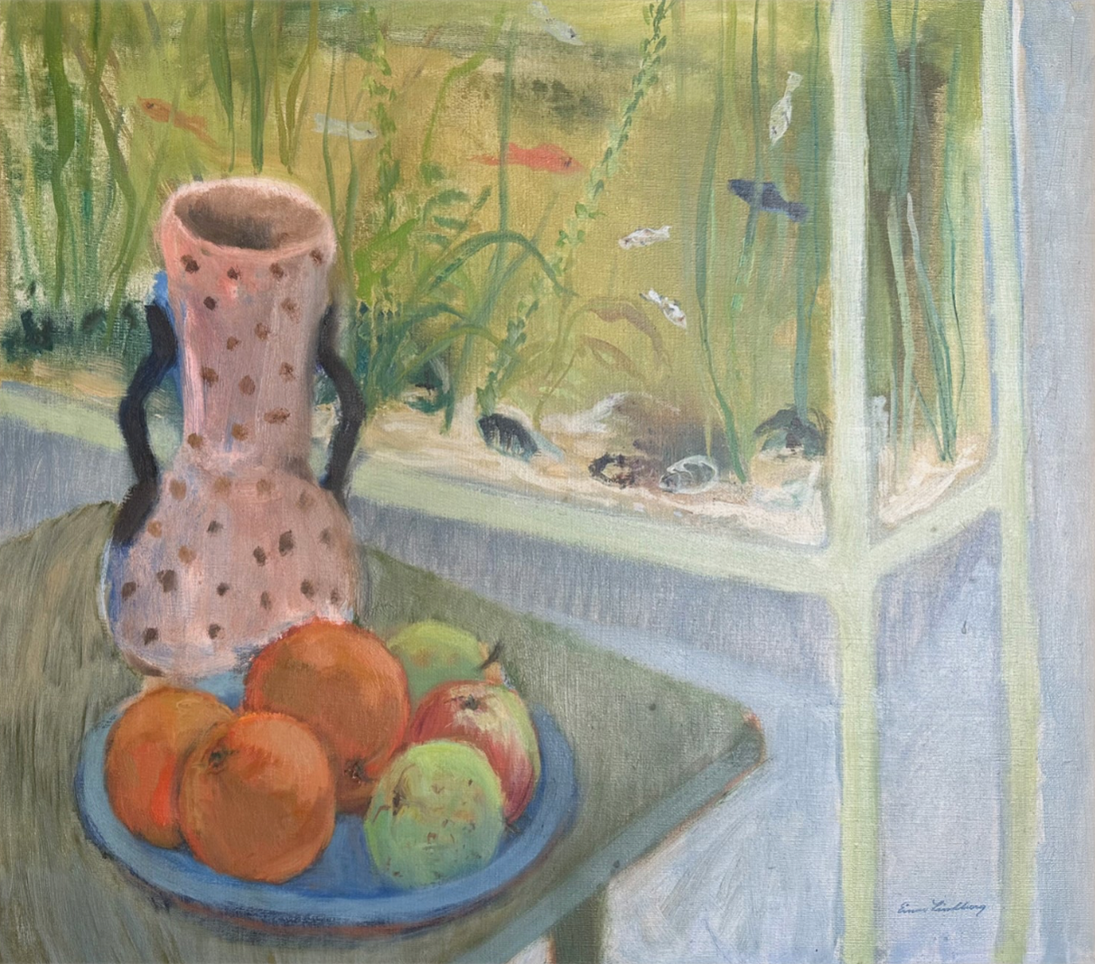 Vintage Mid 20th Century Post Impressionistic Still Life of Polka Dot Vase and Oranges, Signed by Swedish Artist Einar Lindberg