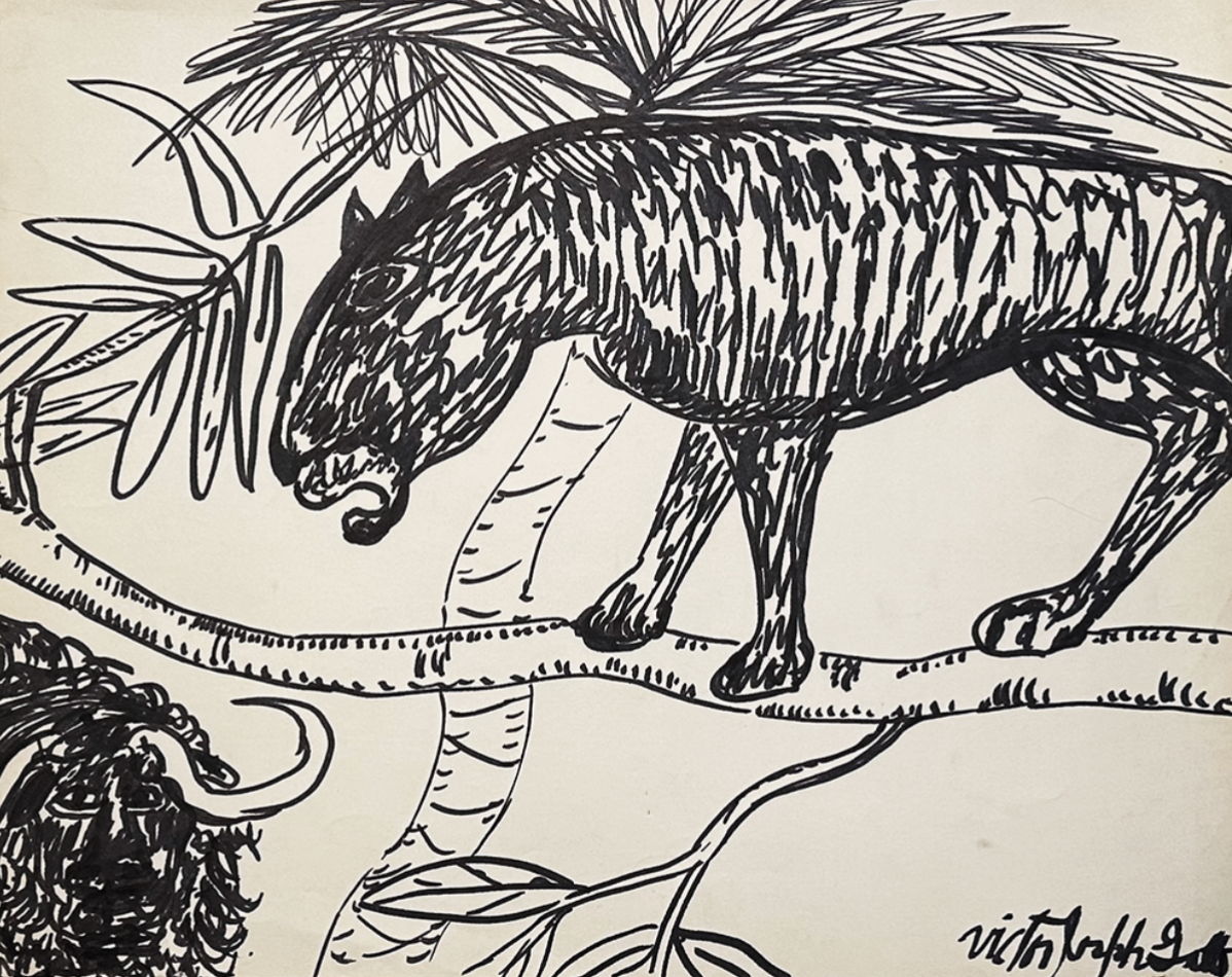 Vintage Mid-Century Modern Primitive Animal Marker Drawings on Paper, Signed by NYC Artist Victor Gatto