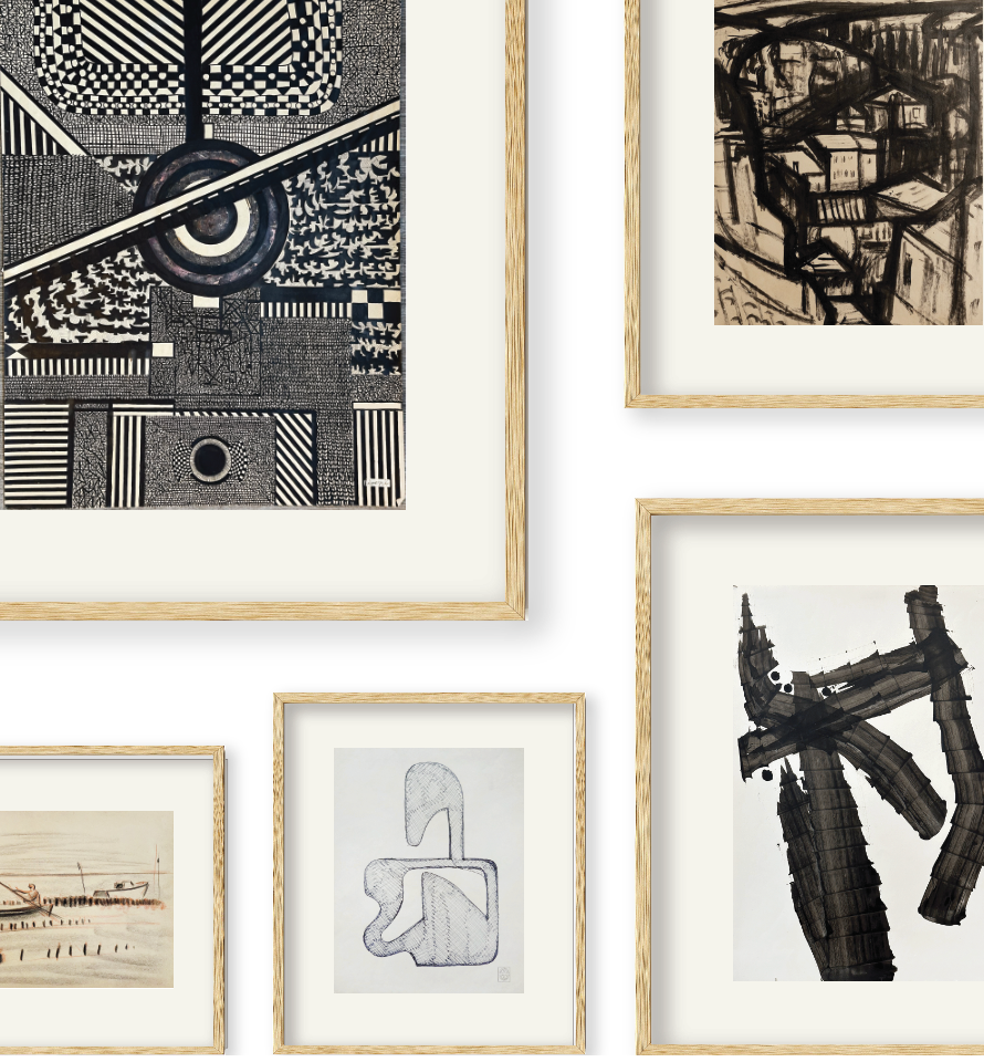 Ilya Collection of Curated Vintage European Mid 20th Century Abstract and Expressionist Art, Charcoal and Ink on Paper