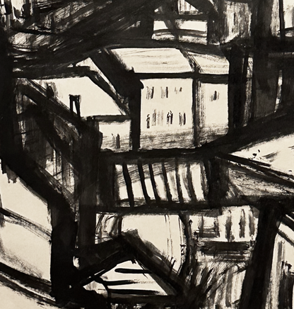 Mid 20th Century Vintage European Expressionistic Cityscape painting in India Ink on Paper, Signed Auch