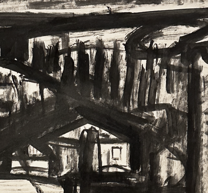 Mid 20th Century Vintage European Expressionistic Cityscape painting in India Ink on Paper, Signed Auch