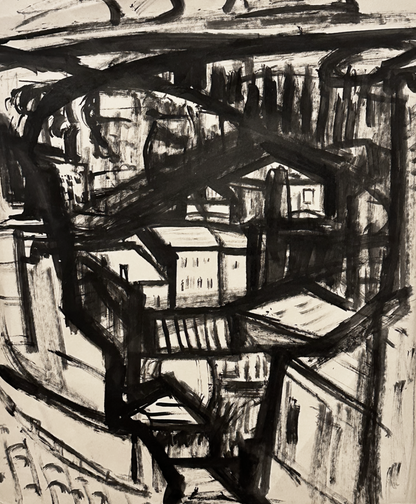 Mid 20th Century Vintage European Expressionistic Cityscape painting in India Ink on Paper, Signed Auch