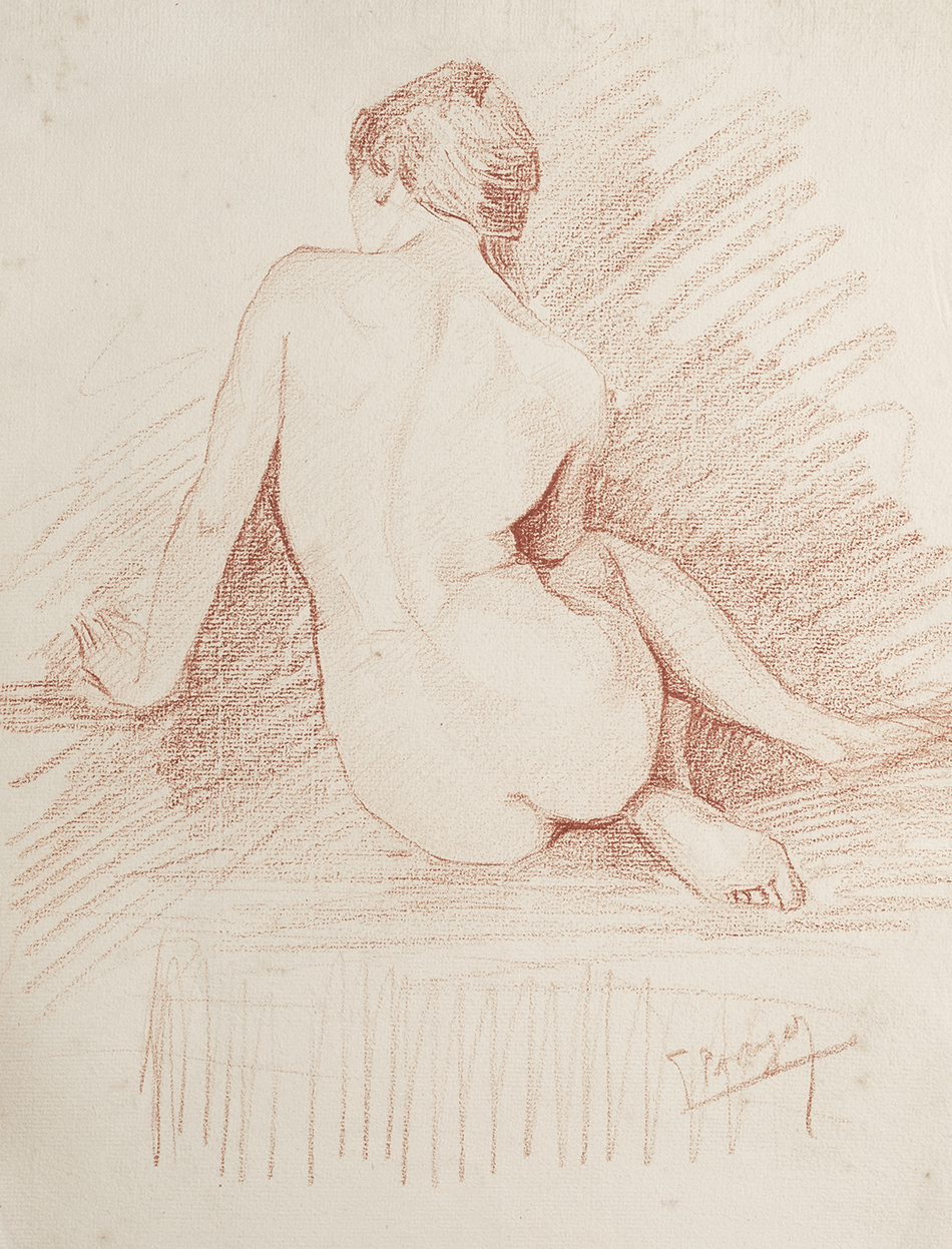 Early 1900's Antique French Academic Drawing of Woman Seated  in Sepia Charcoal, Signed by Artist