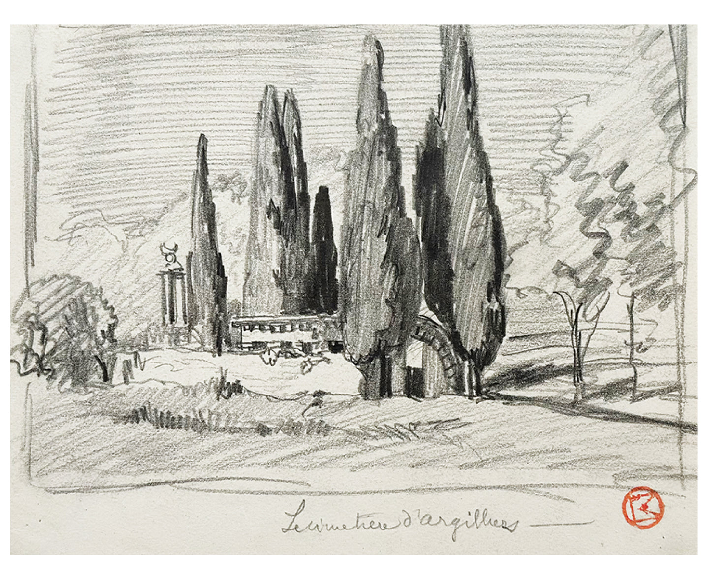 Rare Small Antique Charcoal Landscape drawing of "Cemetiere d'Argilliers". Signed by French Artist Maurice de Lambert.