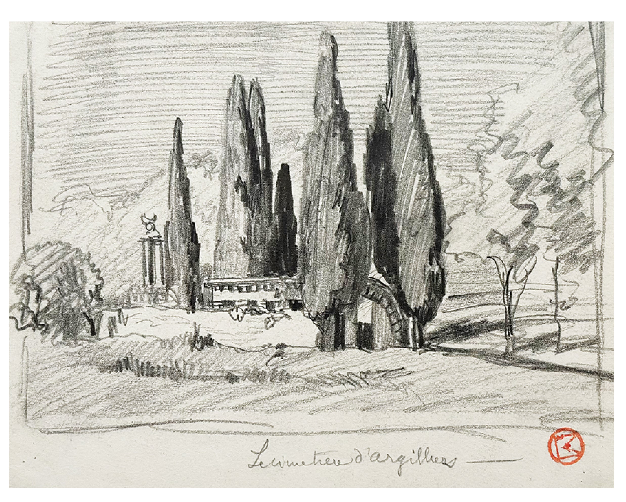 Rare Small Antique Charcoal Landscape drawing of "Cemetiere d'Argilliers". Signed by French Artist Maurice de Lambert.