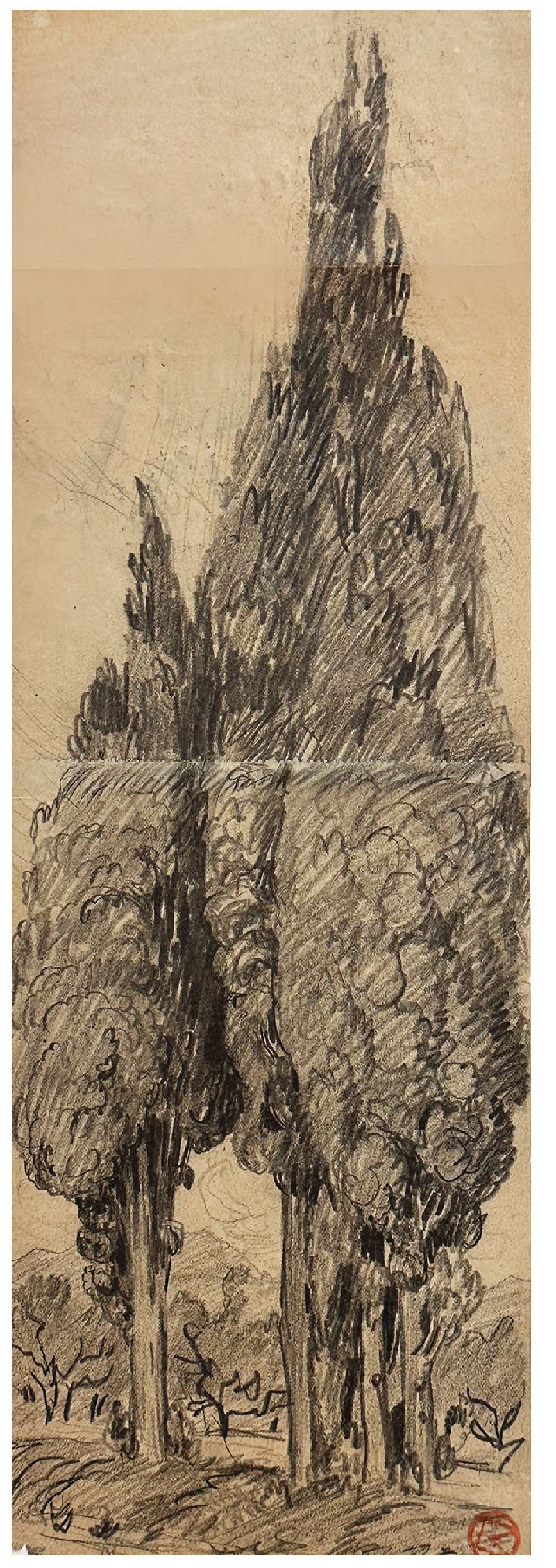 Rare Early 1900's Antique French Charcoal Drawing of Cypress on Paper, Signed by French Artist Maurice de Lambert