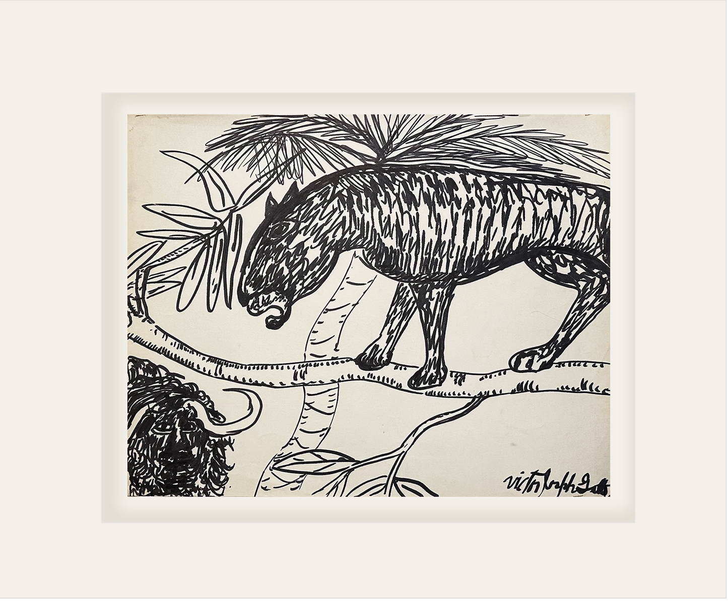 Vintage Mid-Century Modern Primitive Animal Marker Drawings on Paper, Signed by NYC Artist Victor Gatto