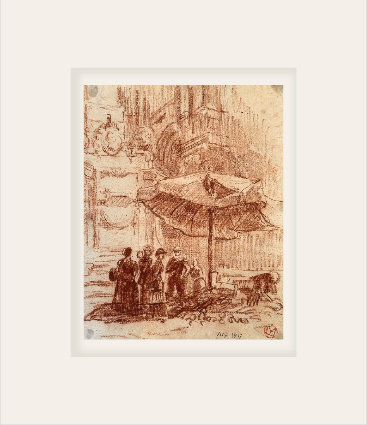 Early 1900's Antique French City Scene Drawing on Paper in Sepia Crayon, Signed by French Artist Maurice de Lambert