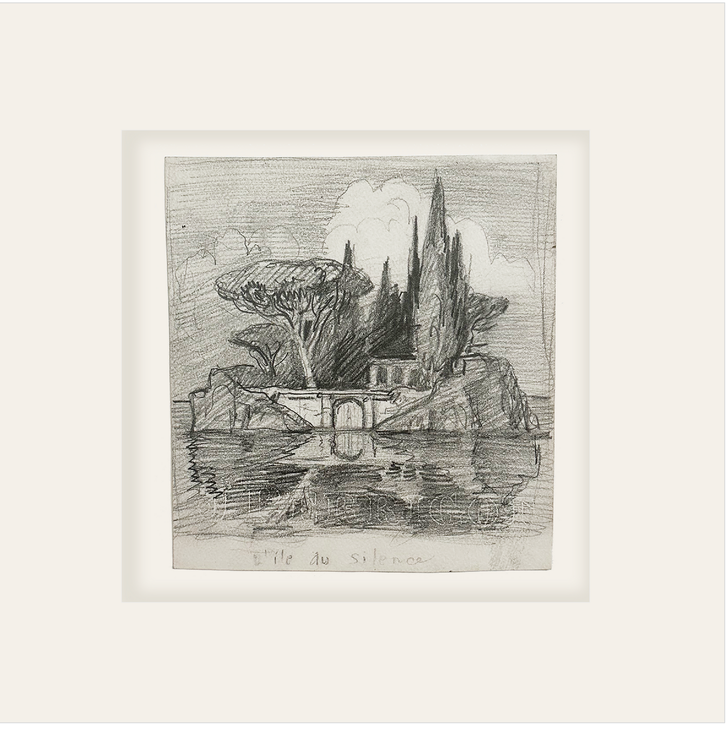 Early 1900's Small Antique French Landscape of L'Ile de Silence in France, Graphite Drawing on Paper